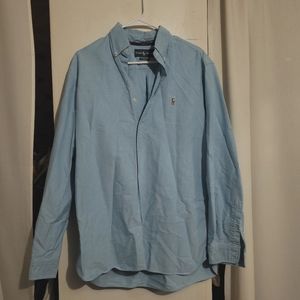 Ralph Lauren Blue Knit Classic Fit Button Down Shirt (Size Large)